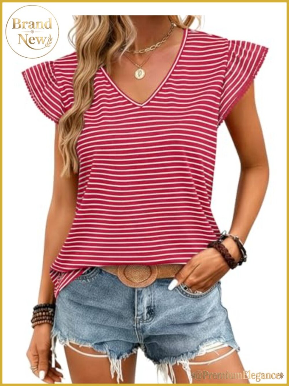 Womens V Neck Ruffle Flutter Sleeve Striped Blouse Rayon Blend Top